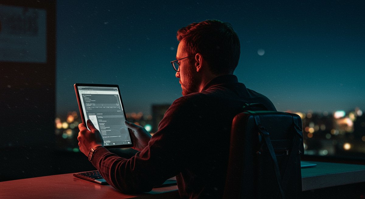 Digital nomad using cybersecurity tools in a modern workspace, emphasizing data protection and remote work security