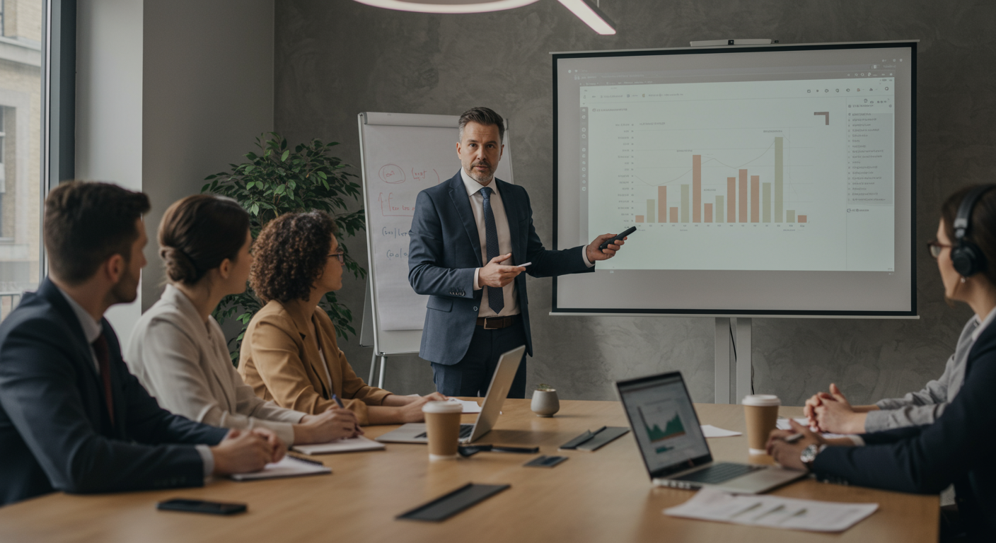 Mid-career professional presenting leadership ideas in a modern conference room, leadership and communication skills.