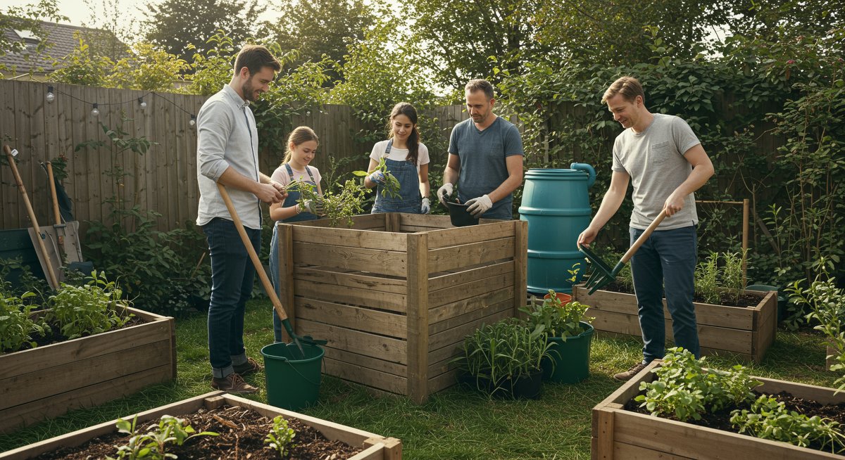 Eco-friendly gardening family composting kitchen scraps in a backyard with a rain barrel, showcasing sustainable practices like composting and water conservation.