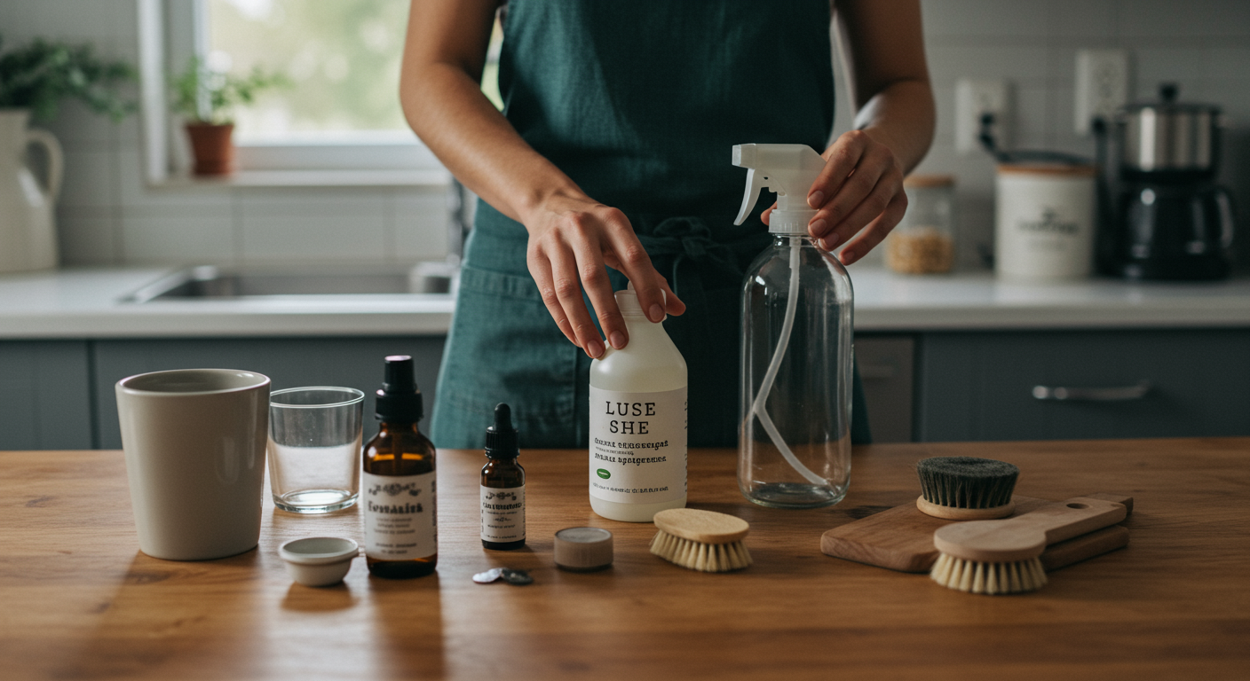 Person making eco-friendly cleaning products in a kitchen, showcasing homemade solutions with natural ingredients.