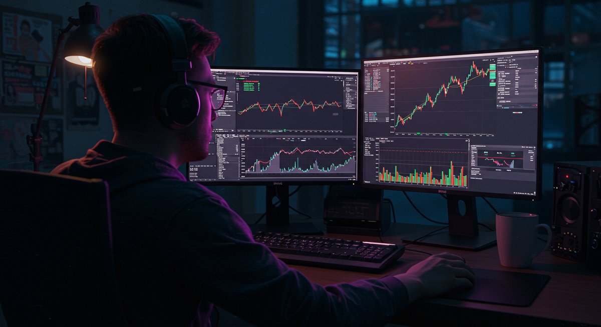 Crypto trader analyzing Bitcoin charts in a tech-filled workspace with glowing screens and RGB lighting