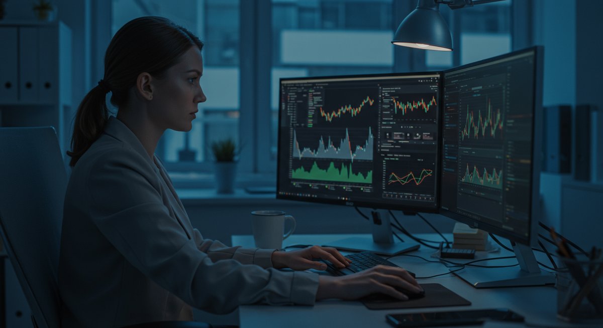 Experienced crypto trader analyzing swap fee data in modern office environment
