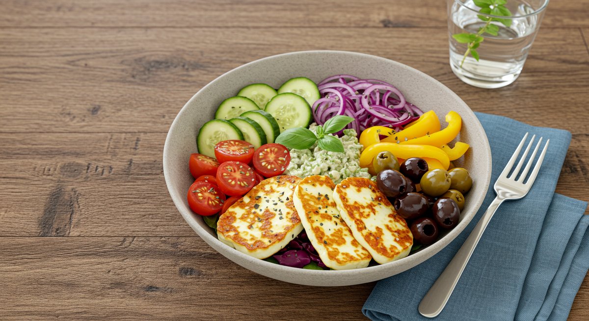 Mediterranean lunch bowl with vegetables, halloumi, and olive oil, perfect for a healthy and easy lunch.