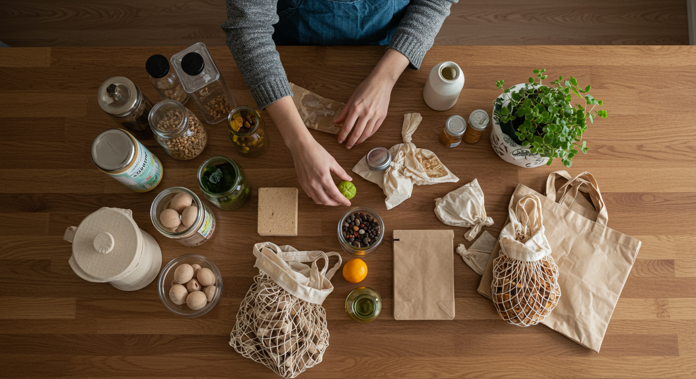 Eco-friendly kitchen setup with reusable food storage containers and produce bags.