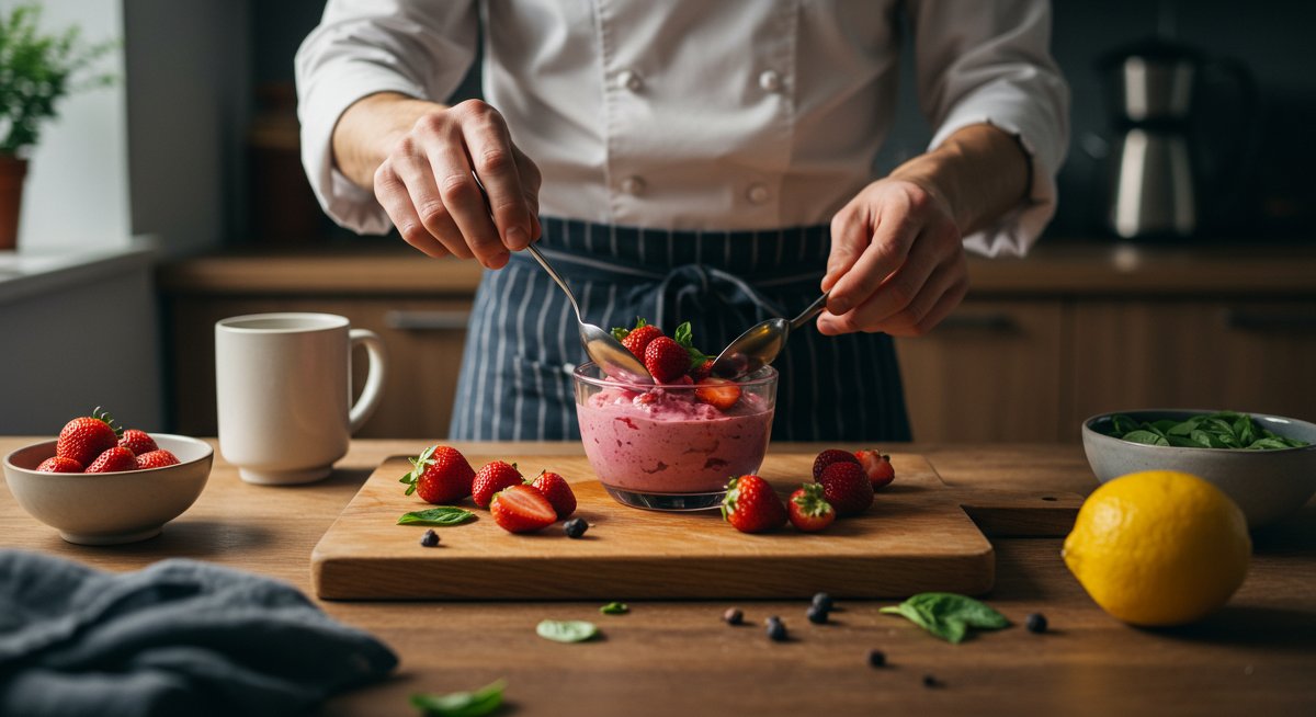 Healthy dessert recipe illustration: Professional kitchen with chef making vibrant strawberry-basil sorbet, emphasizing clean design and fresh ingredients