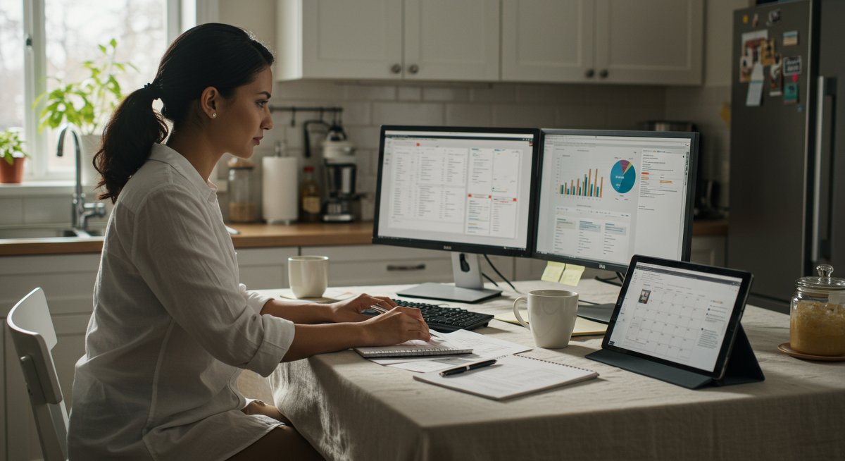 Experienced budgeter managing finances with dual monitors and organized documents in modern kitchen setting