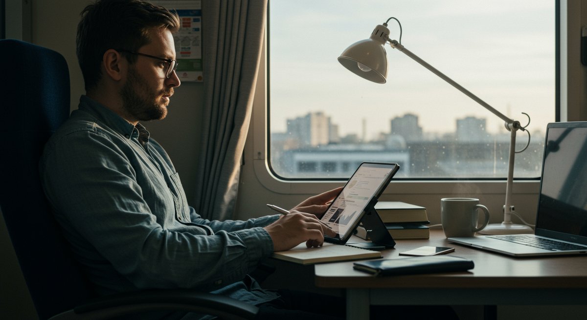 Freelancer using commute time for productivity with tablet and bullet journal on train