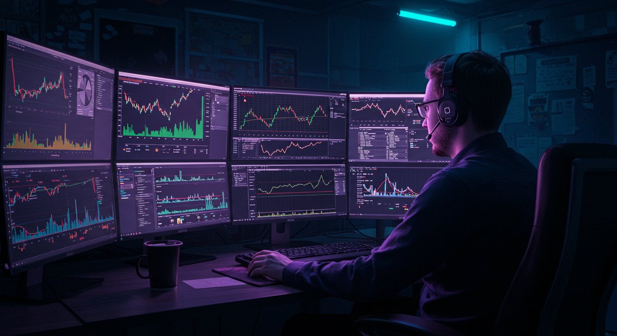 Crypto trader analyzing global market data on triple monitors with neon screen glow