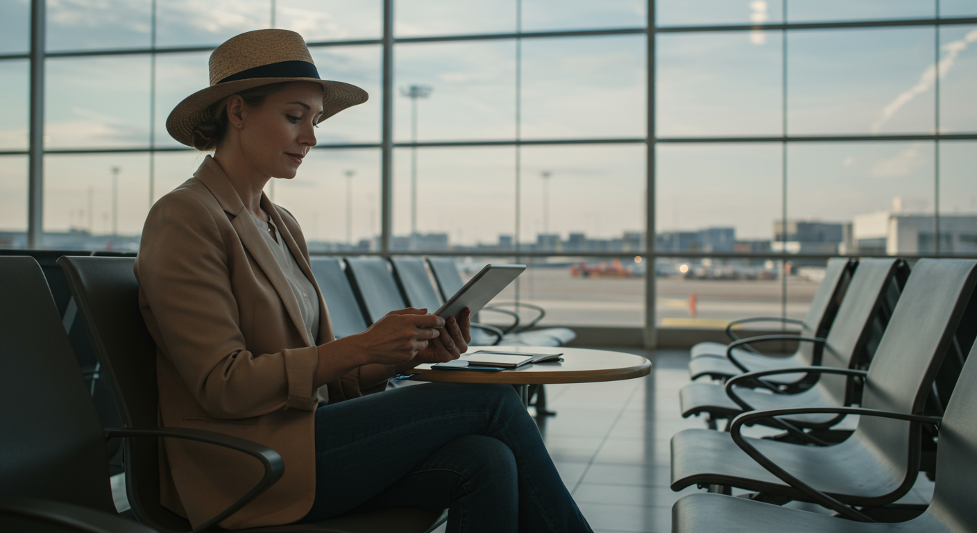Experienced female traveler reviewing travel insurance on a tablet in an airport lounge, emphasizing practical and money-conscious travel planning.