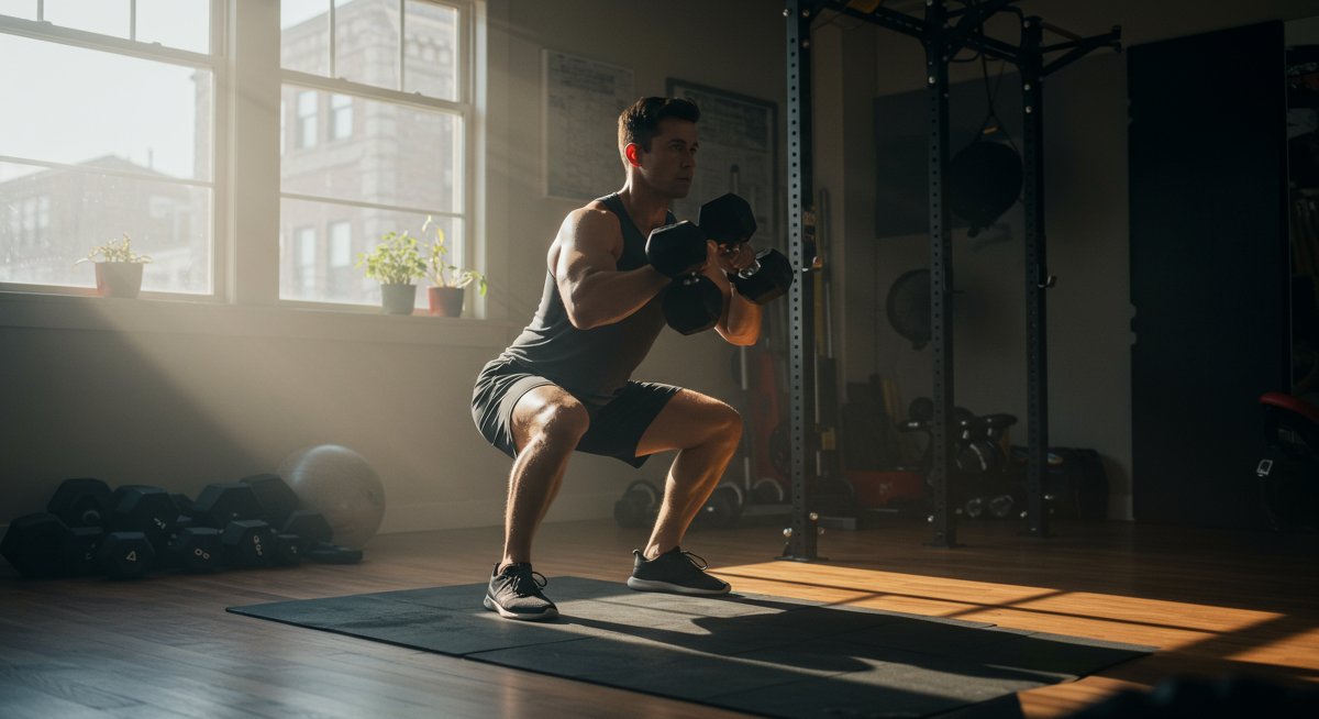 Person doing squats with dumbbells in home gym with natural lighting