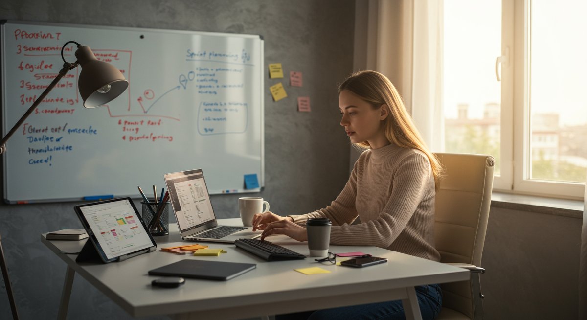 Young professional woman in modern home office using agile methods for productivity with Pomodoro timer, whiteboard, and digital task management tools