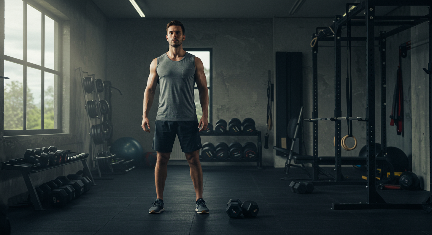 Man working out in a large home gym setup