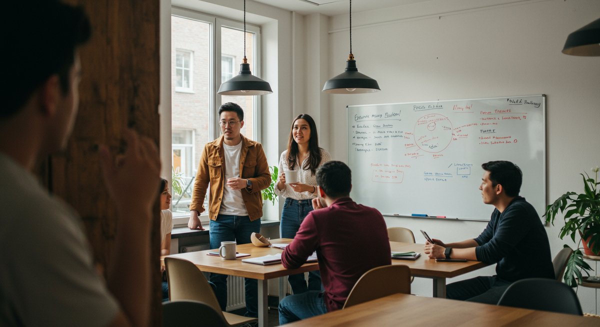 Digital nomads building community in a modern co-living space with shared work areas and collaborative atmosphere
