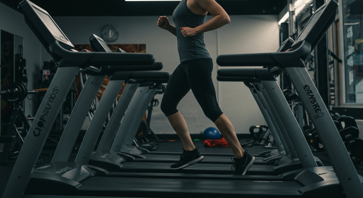 Athlete doing cardio on treadmill with focused expression