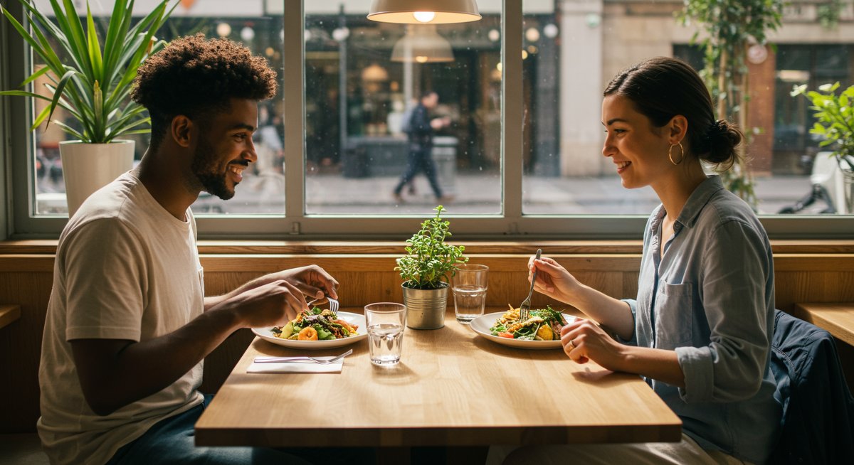 Ethical dining at a sustainable restaurant with compostable tableware, local produce, and zero-waste signage