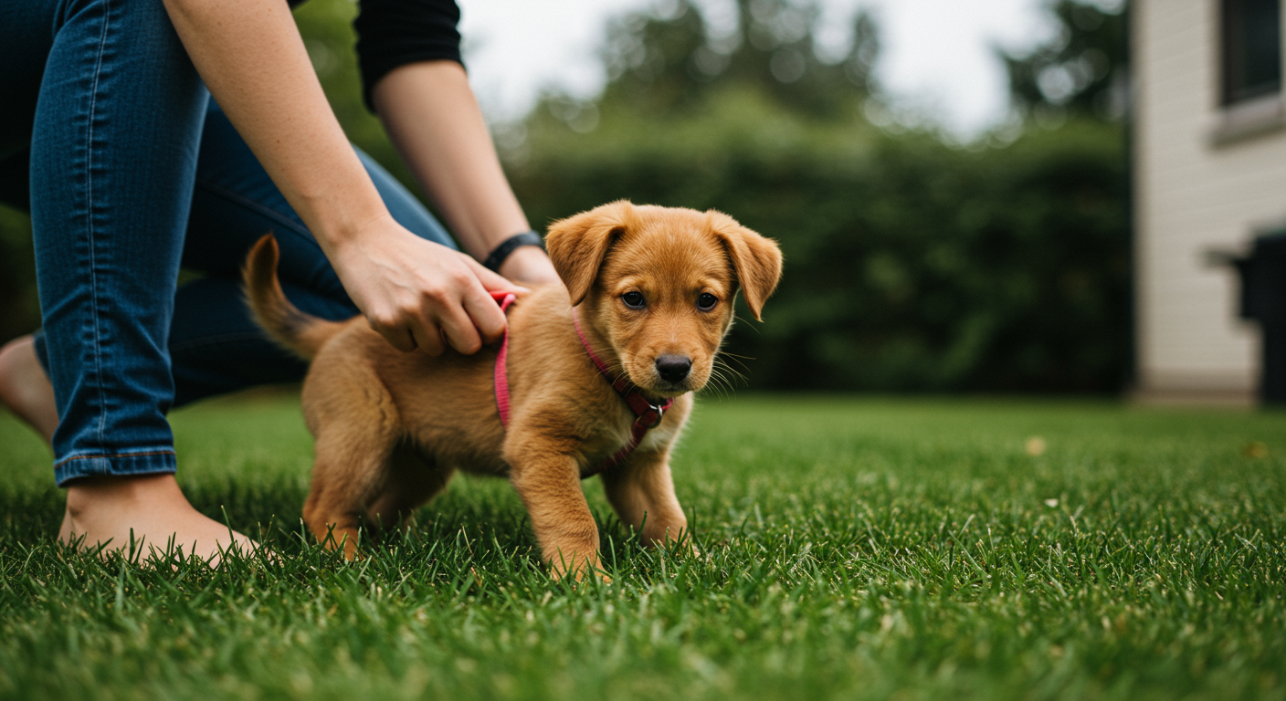 A new puppy is being potty trained outside with the help of its owner. The owner is gently guiding the puppy, showing care and patience.