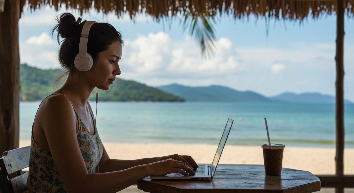 A digital nomad woman focusing on her laptop in a tropical beachside cafe, using modern remote work tools for productivity.
