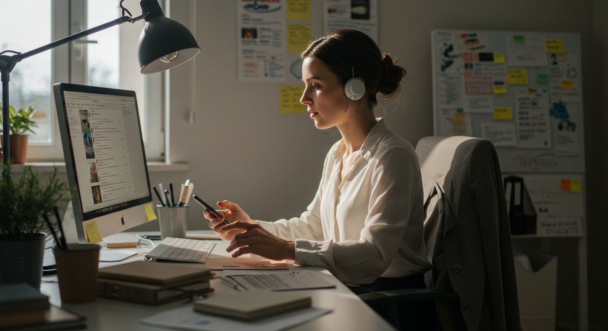Professional woman focused on work with productivity tools, showcasing strategies to overcome social media distractions