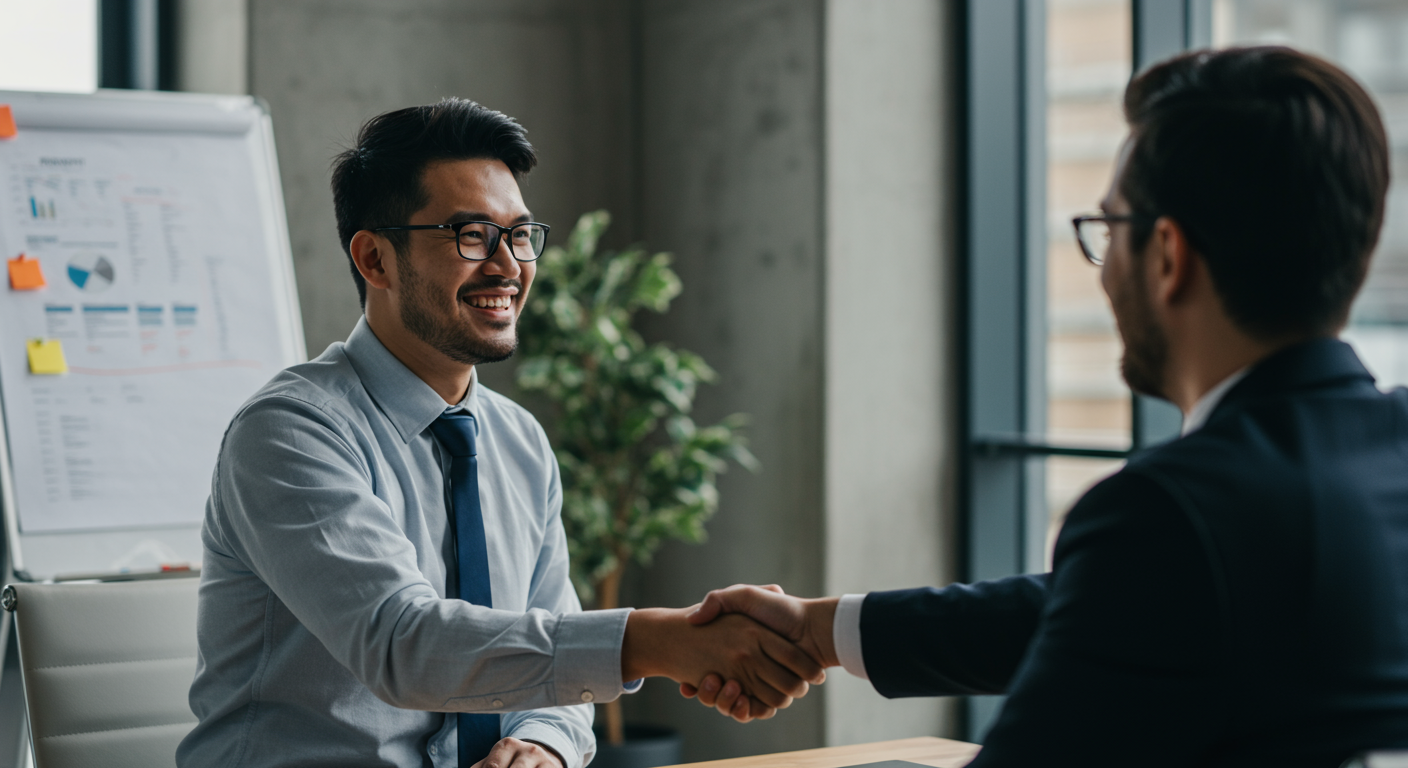 Mid-career professional shaking hands after successful salary negotiation in a modern office, representing career growth and confidence.