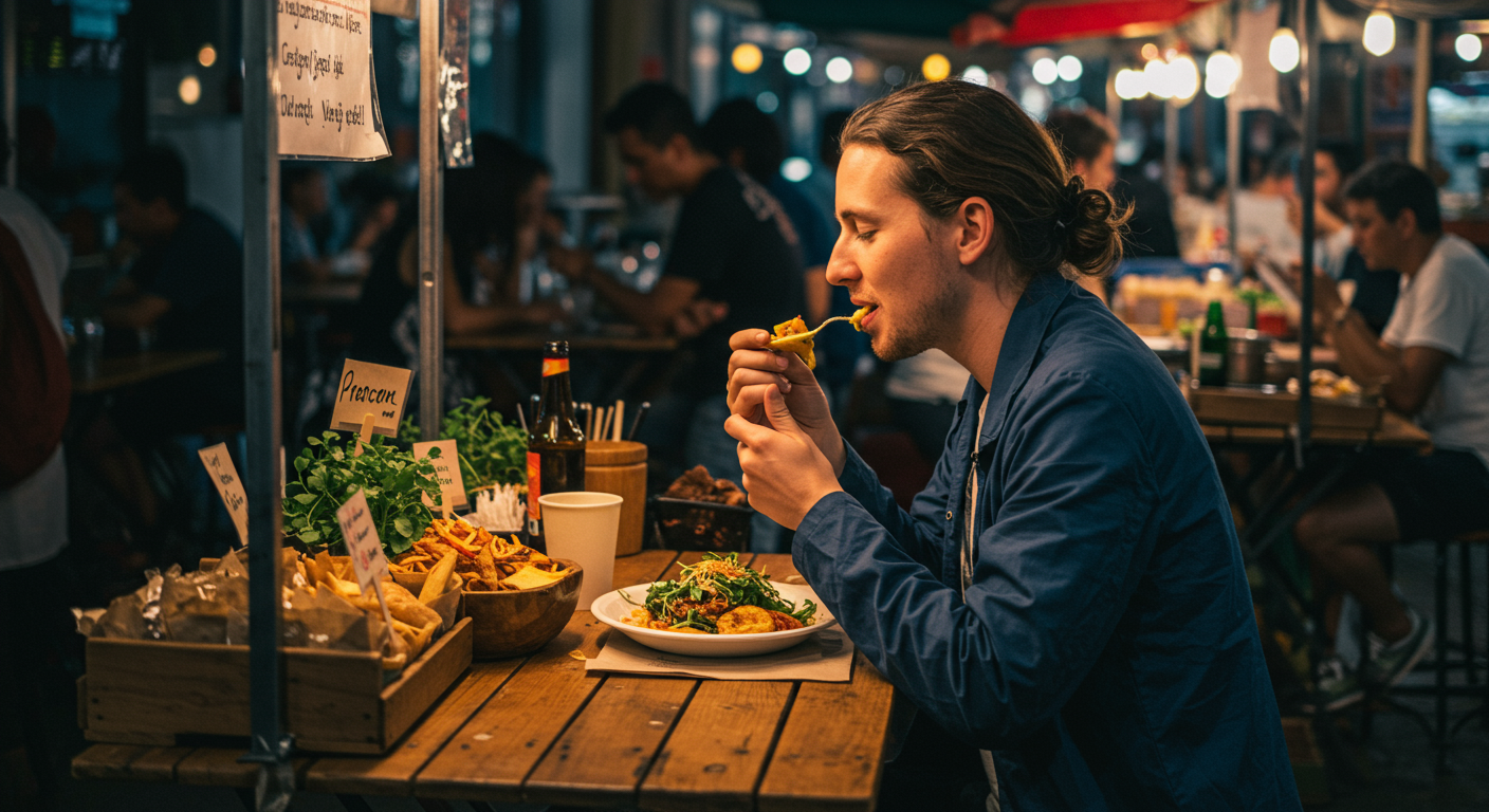 A traveler enjoys a delicious and affordable vegan meal from a street food stall while exploring a vibrant market.