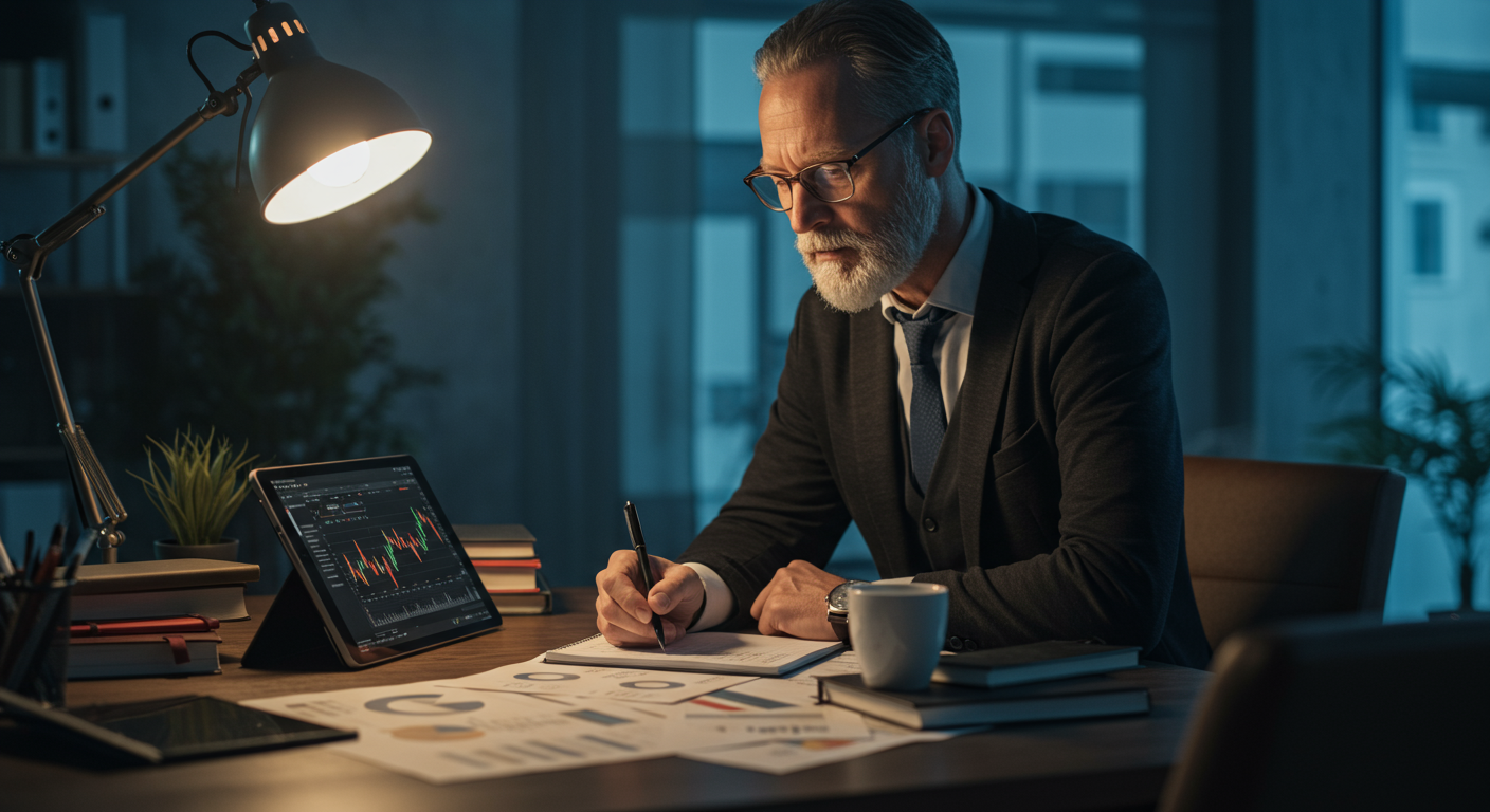 Experienced crypto trader in a modern co-working space, analyzing Monero (XMR) charts on a tablet, focusing on privacy and international trading.
