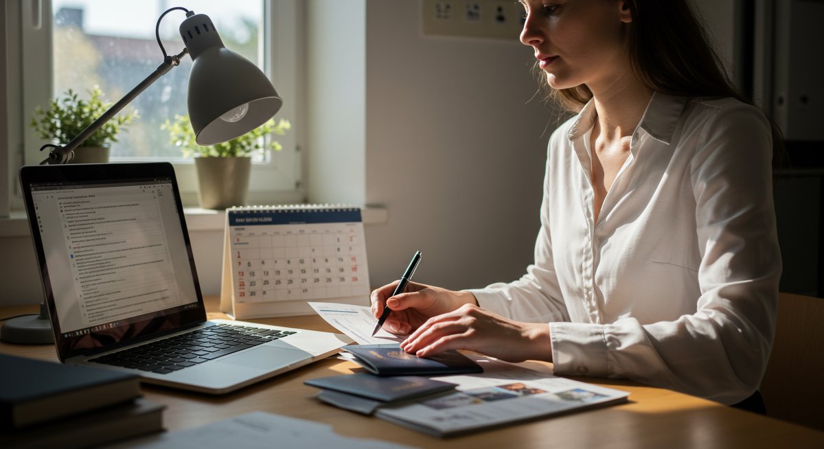 Visa application preparation with organized documents and modern travel essentials