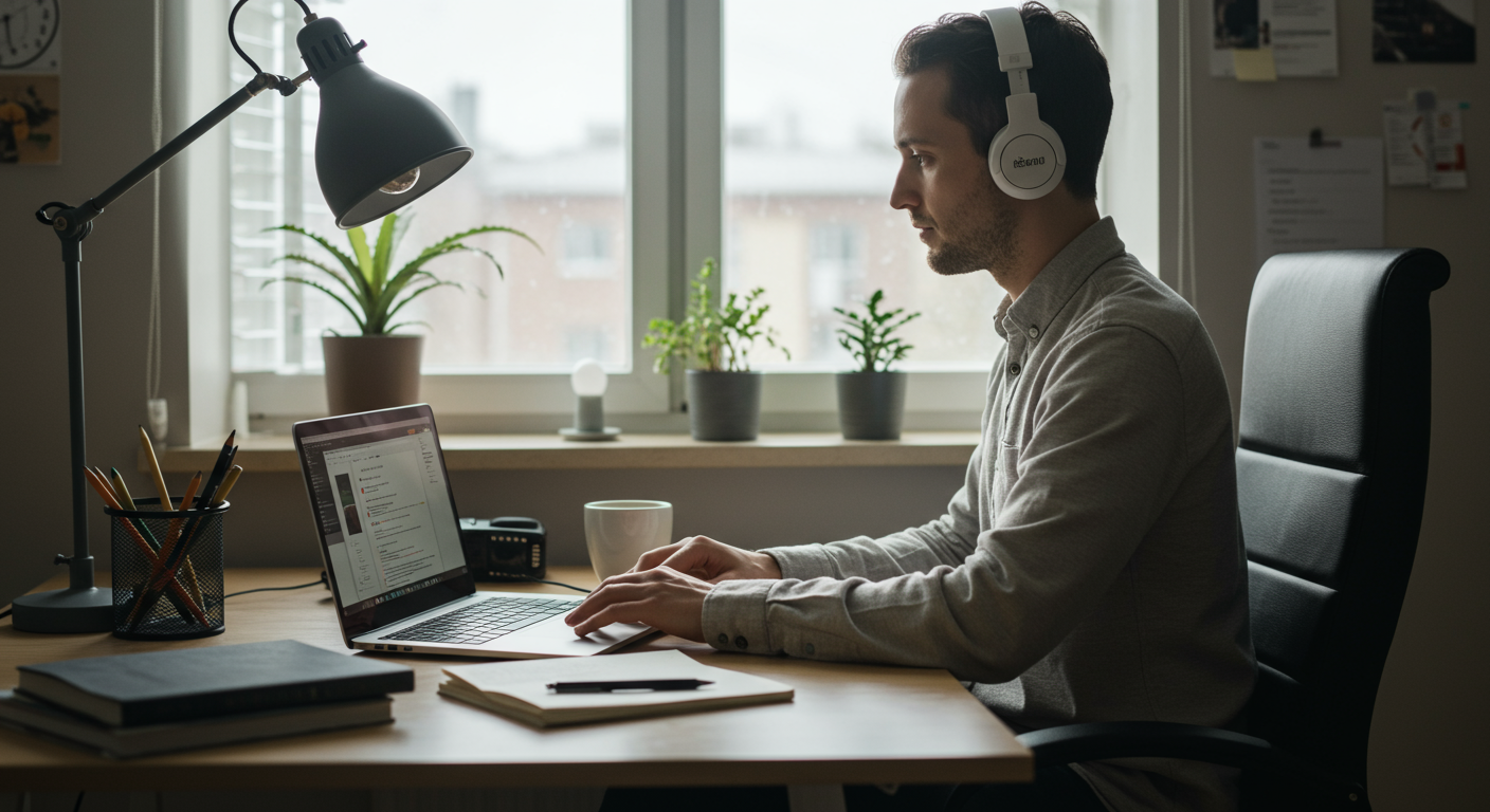 Person focused on single-tasking at a laptop in a modern home office, utilizing a Pomodoro timer for enhanced concentration.