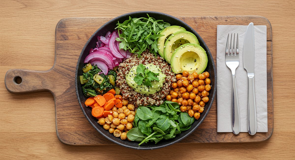 Vegan power bowl with quinoa, roasted veggies, avocado, chickpeas, and lemon-tahini dressing on wooden board