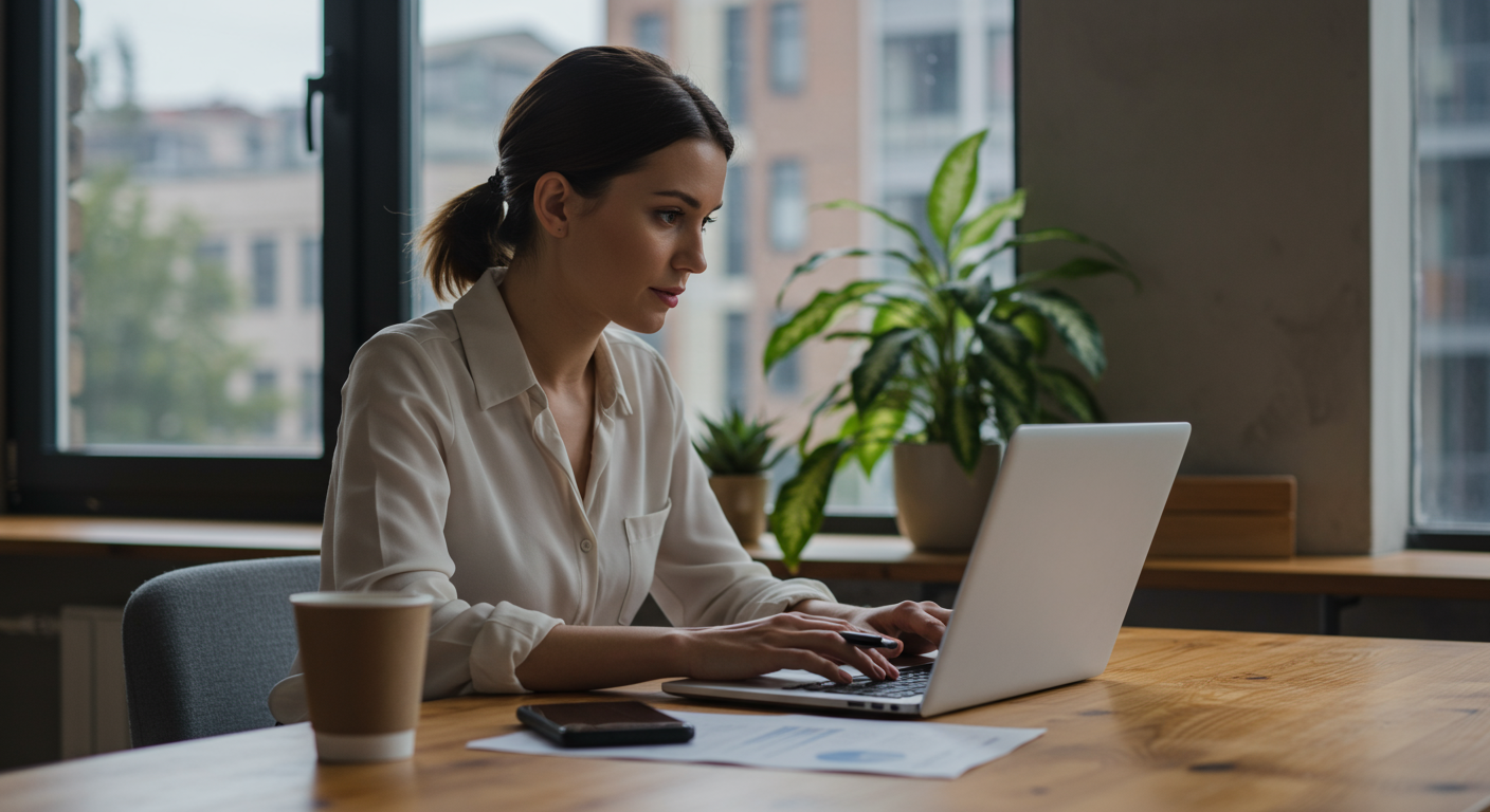 A digital nomad woman reviewing finances on a laptop in a co-working space.
