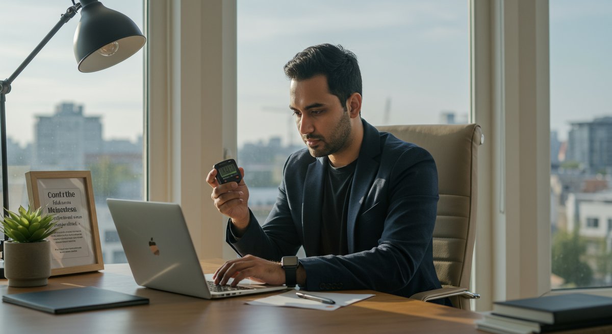Professional productivity image showing a man practicing mindfulness through focused work with Pomodoro timer and minimalist workspace