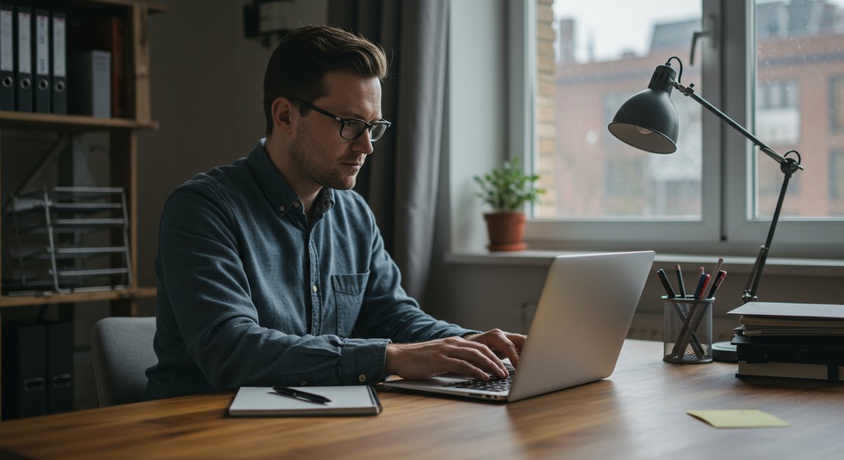 Professional mid-career man working on cover letter at modern desk with natural light and eco-friendly office supplies