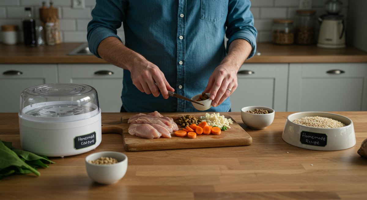 Man preparing homemade cat food recipe in a clean kitchen with fresh ingredients and pet food dehydrator