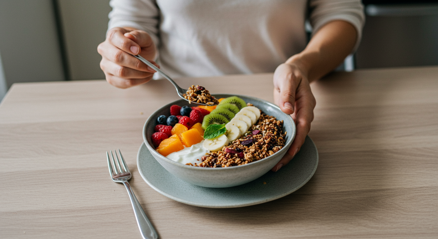 A beautifully presented vegan breakfast with fresh fruits, plant-based yogurt, and granola. A person is smiling, enjoying the healthy and delicious meal in a bright, modern kitchen.