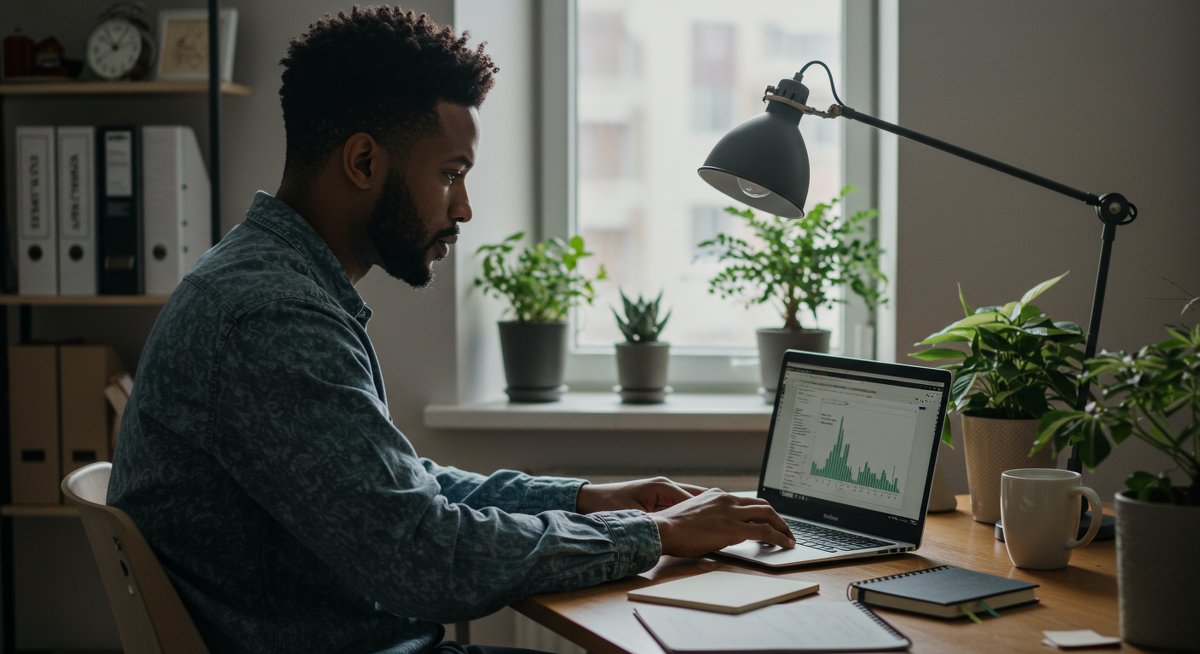 Experienced minimalist professional demonstrating financial independence through intentional workspace and digital planning