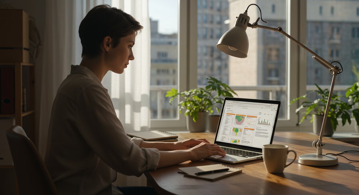 Professional productivity illustration showing a woman using prioritization techniques at her desk with a laptop, planner, and coffee, emphasizing task management and focus.