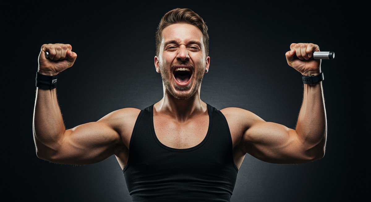 Celebrating weight loss achievement with fitness equipment