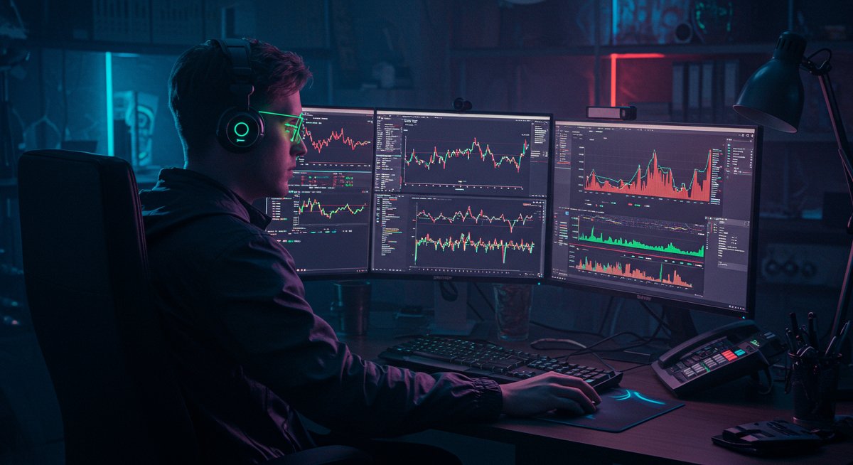 Crypto trader analyzing Cardano and Bitcoin charts with glowing screens and tech setup