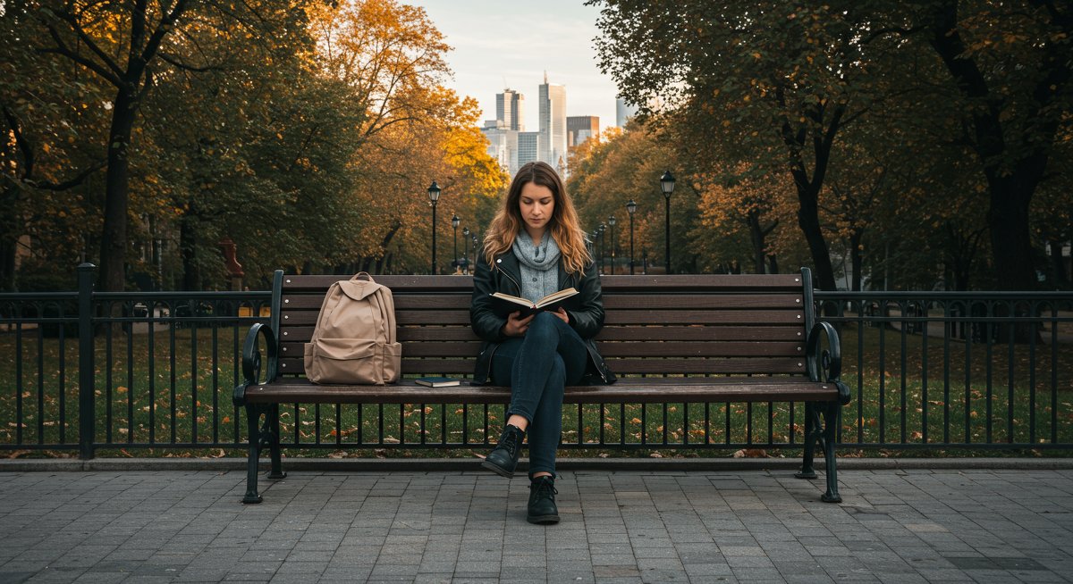 Solo female traveler using phone and journal on park bench, safe solo travel safety tips, urban dawn lighting, professional travel illustration