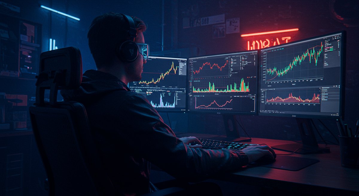 Ethereum $5k prediction analysis - degen trader monitoring Pump.fun charts and DexScreener on dual monitors in neon crypto lair