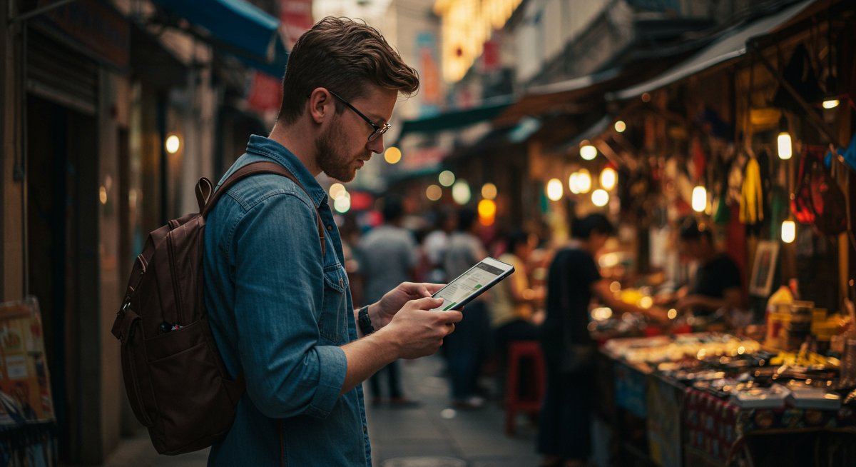 Traveler dealing with broken phone abroad using tablet in local market, emergency phone repair solution