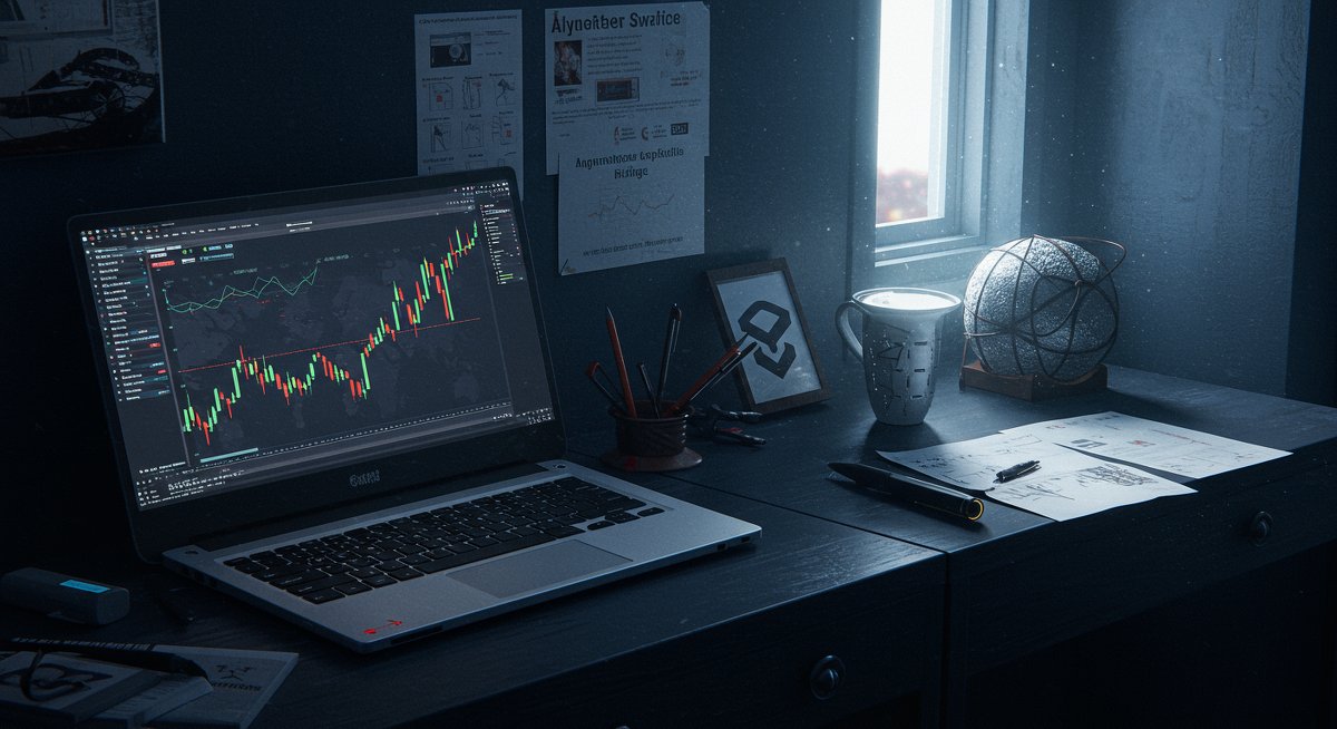 Experienced trader using discreet privacy-focused crypto swap method in minimalist workspace, emphasizing anonymity and KYC-free trading