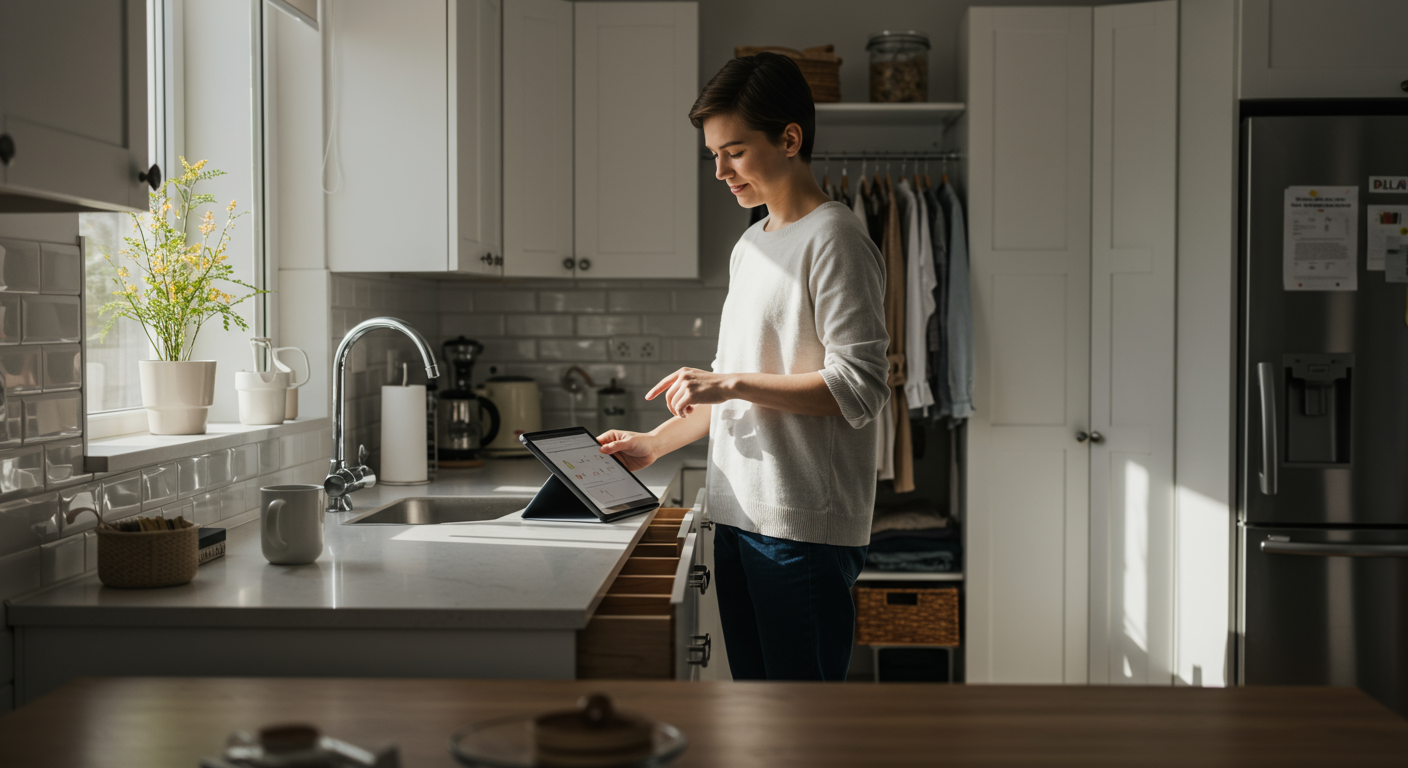 A person organizing a minimalist wardrobe, with sustainable clothing, tablet, and a clean modern kitchen setting.