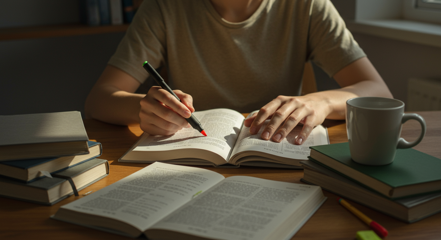 A self-learner actively studying with a book and highlighters in a well-lit room, showcasing effective learning techniques and a growth mindset.