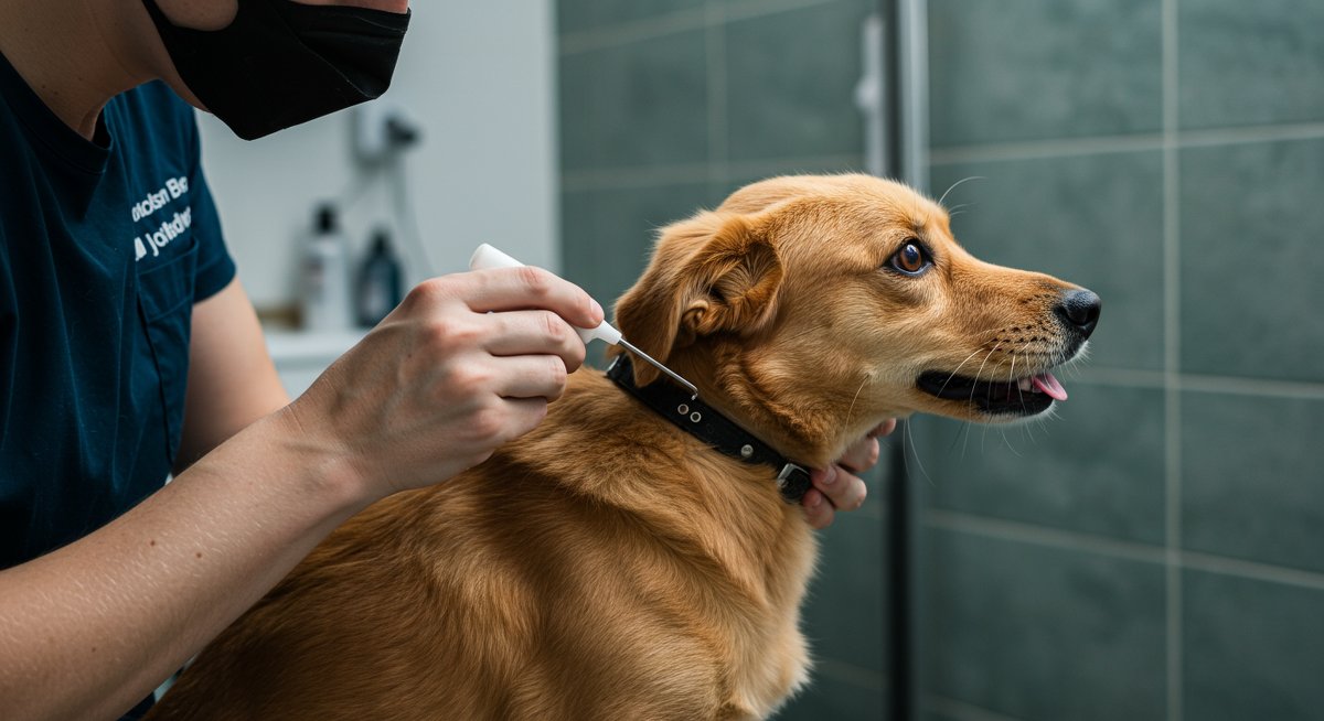 Experienced pet parent applying flea and tick prevention treatment to their dog's neck in a hygienic bathroom setting