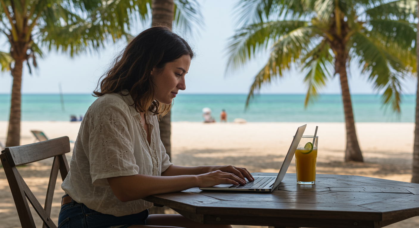Woman working on a laptop at a beachside cafe, searching for affordable accommodation while traveling as a digital nomad.