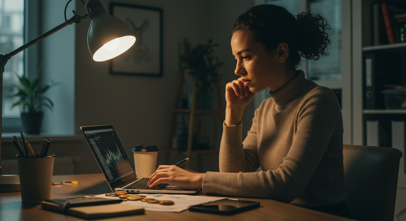 Woman trading cryptocurrencies with laptop in a bright room