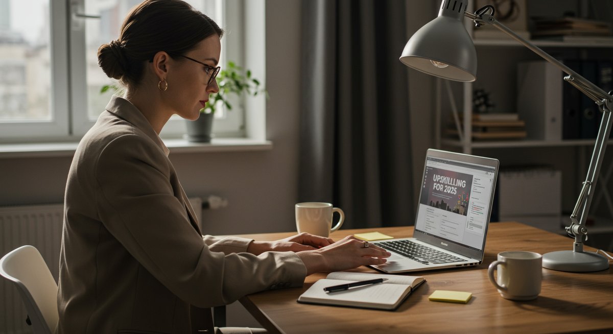 Mid-career professional engaged in upskilling through online learning with professional workspace setup