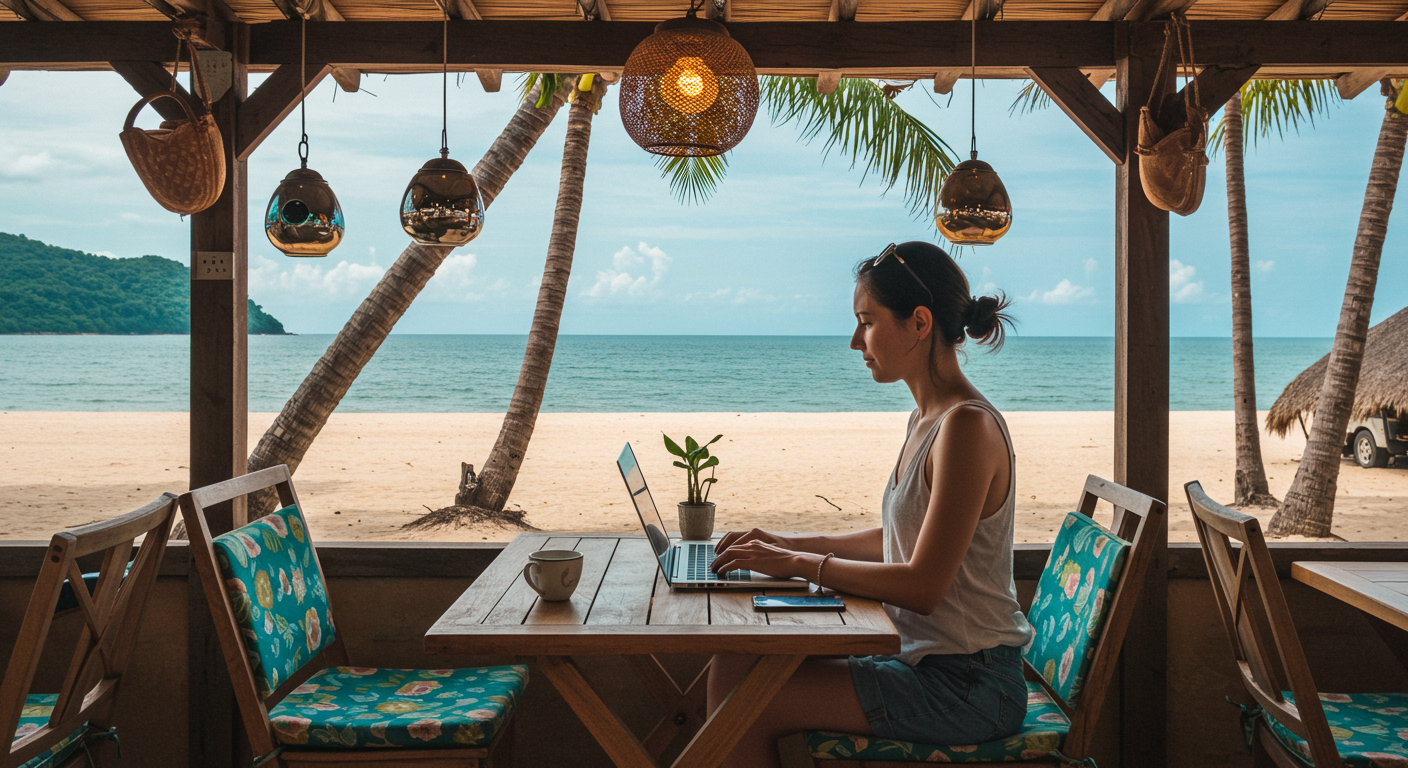 A woman working remotely at a beachside cafe, representing the digital nomad lifestyle and mental wellness.