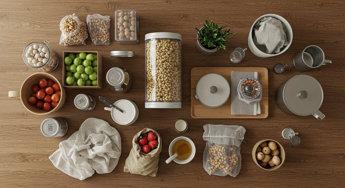 Zero-waste kitchen with bulk containers, reusable produce bags, and compost bin showing sustainable home swaps