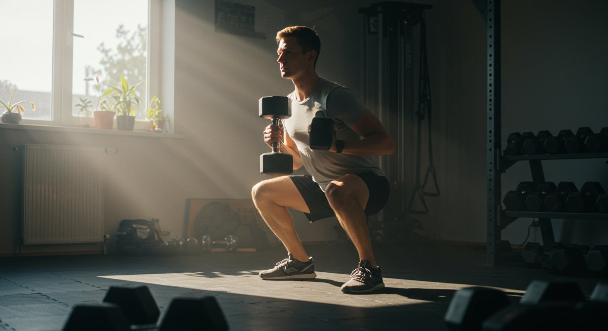 Person doing squats with dumbbells in home gym with natural lighting